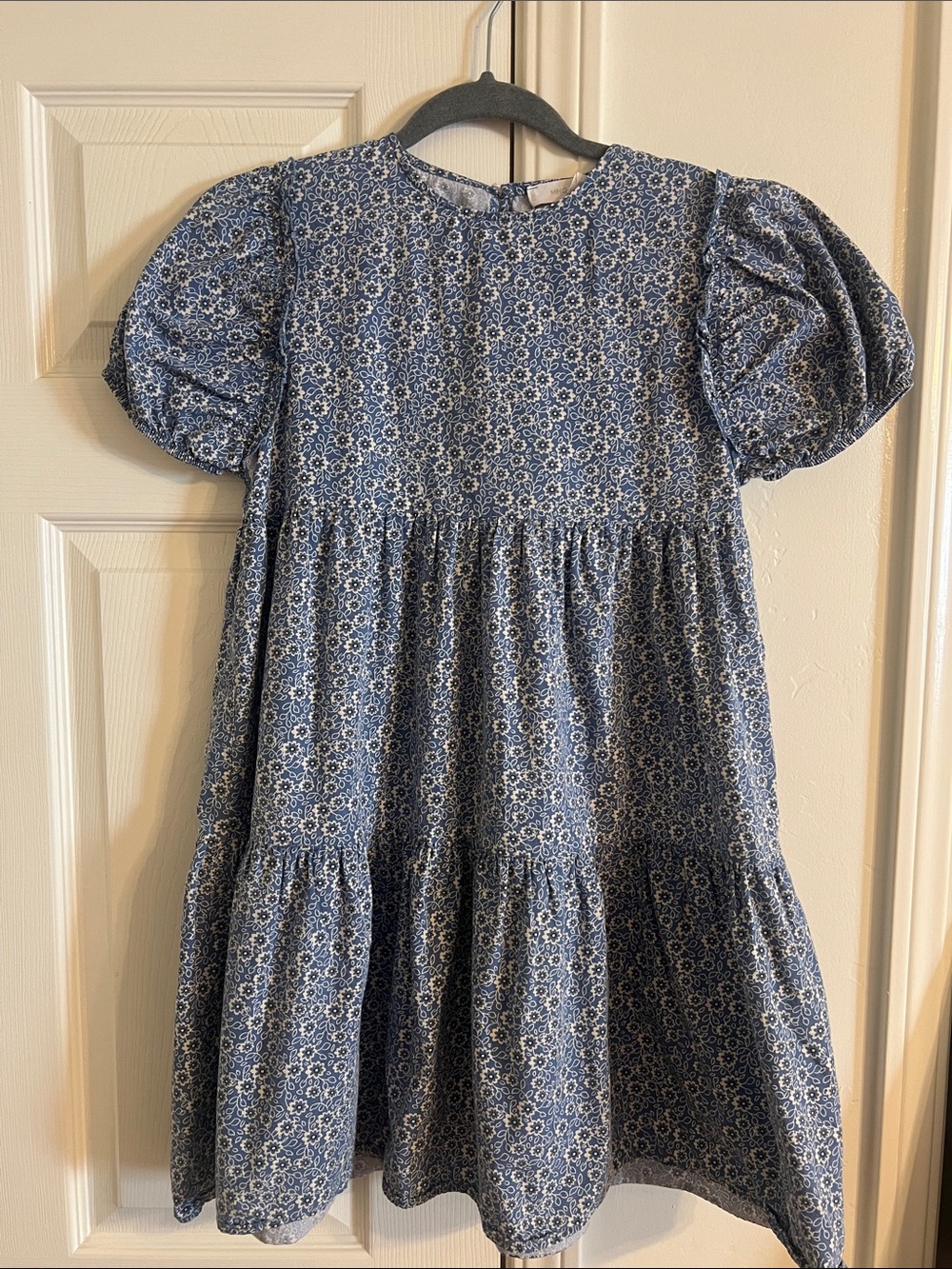 Mango Girls' Blue Floral Tiered Puff-Sleeve Dress